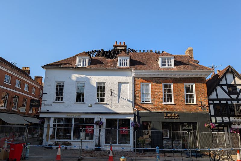 Fire-damaged roof on a historic building